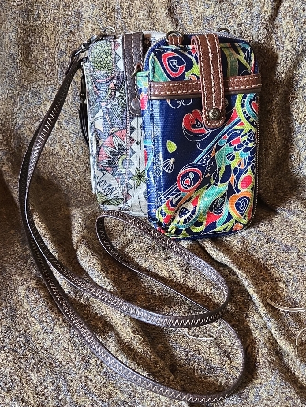 2 Sakroots 1 strap crossbody wallet, phone Bag with Brown Trim